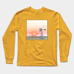 Farm Scene with Rustic Windmill Playing into the Sunset Long Sleeve T-Shirt